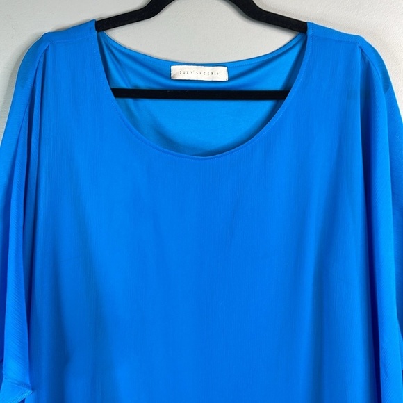 Suzy Shier Plus Plisse Butterfly Sleeve Blouse Top True Blue Lined Semi Sheer 2X - Picture 3 of 11